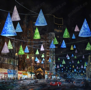 Pictura in Acril pe panza,Craciun in Bucuresti  CC Design