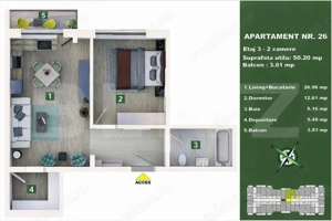 Apartament 2 camere, living cu bucătărie open space, balcon – 50 mp utili