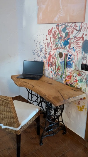 Masă din stejar masiv live-edge cu bază fontă vintage VESTA   unicat - imagine 4