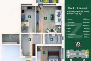 Apartament 2 camere, living cu bucatarie open space, balcon –59 mp utili - imagine 2