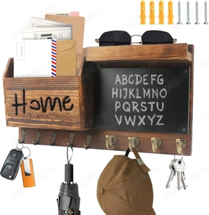  Suport de Chei din Lemn cu Raft | 40   22 cm, 9 Agățători Metalice, Stil Vintage, Tăbliță pentru Me