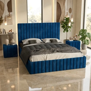 Pat Adela Albastru Catifea Premium cu Noptiere Tapitate Livrare în toată țara