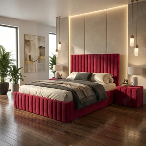 Pat Adela Visiniu Catifea Premium cu Noptiere Tapitate  Materiale de calitate