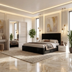 Dormitor Adela Negru Cu Pat Tapitat Dressing 150 Si 2 Noptiere Transport oriunde în România Dormitor