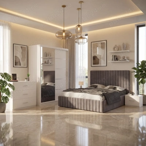 Dormitor Adela Gri Cu Pat Tapitat Dressing 150 Comoda Si 2 Noptiere Transport rapid