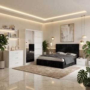 Dormitor Adela Negru Cu Pat Tapitat Dressing 150 Comoda Si 2 Noptiere  Finisaje premium Model elegan