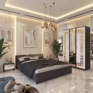 Dormitor Zoe Gold Gri Dulap Cu Oglinda si Pat cu 2 Noptiere Trimite mesaj