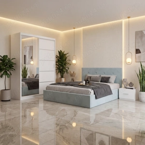 Dormitor Elys Lemon cu Dressing 150 si Pat Tapitat Cu 2 Noptiere Ofertă limitată