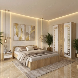 Dormitor Zoe Gold Sonoma Dulap si Pat cu 2 Noptiere Disponibil acum