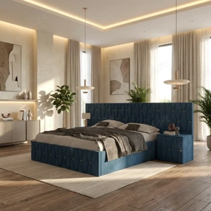 Pat Tapitat Iris Albastru Cu Extensii Si Noptiere Tapitate  Finisaje premium
