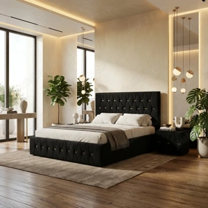 Pat Tapitat Iris Negru Catifea Premium Cu Noptiere Tapitate Model popular