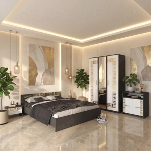 Dormitor Zoe Gold Gri Dulap cu Oglinda Pat cu 2 noptiere si Comoda Contactează-ne Dormitor elegant o