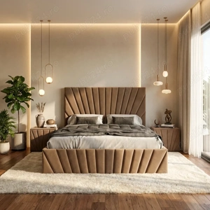 Pat Tapitat Leon Crem Catifea Premium Cu Noptiere Tapitate Model popular