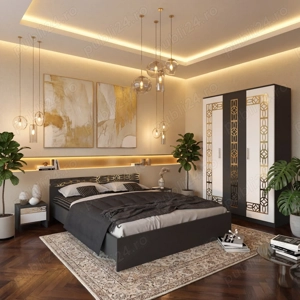 Dormitor Zoe Gold Gri Dulap si Pat cu 2 Noptiere  Calitate premium