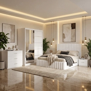 Dormitor Adela Alb Cu Pat Tapitat Dressing 150 Comoda Si 2 Noptiere Livrare în toată țara