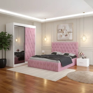 Dormitor Iris Roz cu Dressing Tapitat si 2 Noptiere Livrare rapidă