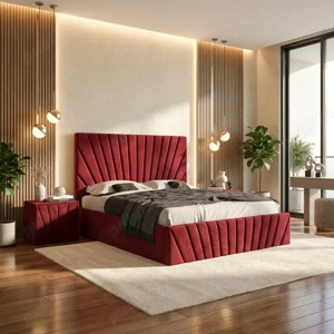 Pat Tapitat Leon Visiniu Catifea Premium Cu Noptiere Tapitate Livrare în toată țara