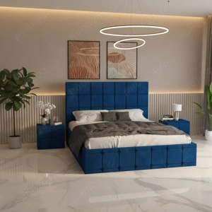 Pat Tapitat Titan Albastru Catifea Premium CU Noptiere Tapitate  Finisaje premium