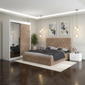 Dormitor Iris Crem cu Dressing Tapitat si 2 Noptiere Transport oriunde în România