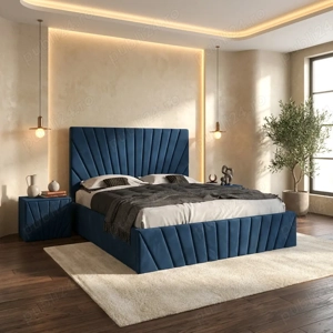 Pat Tapitat Leon Albastru Catifea Premium Cu Noptiere Tapitate Transport rapid Oferte speciale mobil