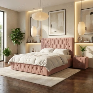 Pat Tapitat Iris Roz Catifea Premium Cu Noptiere Tapitate Transport oriunde în România