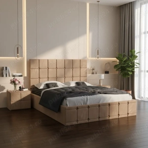 Pat Tapitat Titan Crem Catifea Premium cu Noptiere Tapitate  Finisaje premium