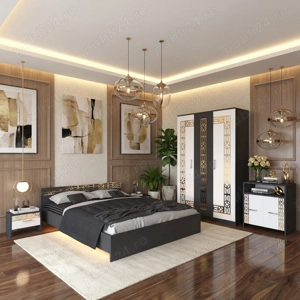 Dormitor Zoe Gold Gri Dulap Pat cu 2 noptiere si Comoda Comandă acum