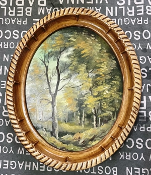 pictura tablou ulei peisaj natura rama ghips ipsos forma ovala pictura tabloul a fost pictat manual 