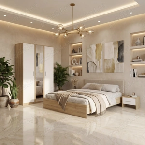 Dormitor Zoe Sonoma Sifonier cu Oglinda si Pat cu 2 Noptiere Model popular Dormitor elegant promoție