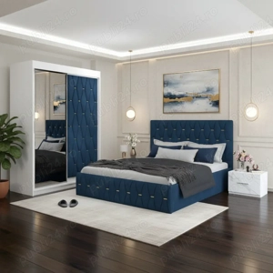 Dormitor Iris Albastru cu Dressing Tapitat si 2 Noptiere Livrare rapidă Dormitor nou promoție