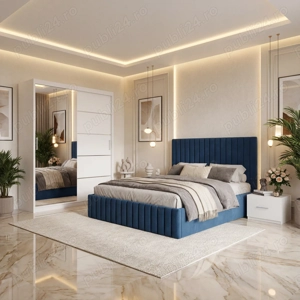 Dormitor Adela Albastru Cu Pat Tapitat Dressing 150 Si 2 Noptiere Model popular Reduceri dormitoare