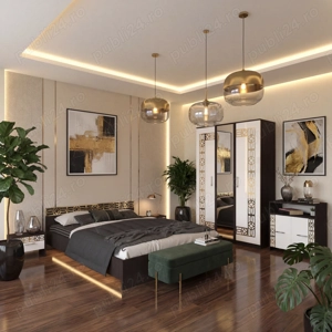 Dormitor Zoe Gold Wenge Dulap cu Oglinda Pat cu 2 noptiere si Comoda Livrare rapidă Dormitor elegant