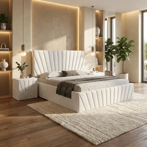 Pat Tapitat Leon Alb Catifea Premium Cu Noptiere Tapitate Disponibil acum Dormitor nou preț bun