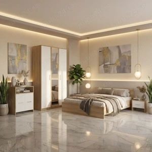 Dormitor Zoe Sonoma Sifonier cu Oglinda si Pat cu 2 Noptiere Si Comoda  Design modern Model premium