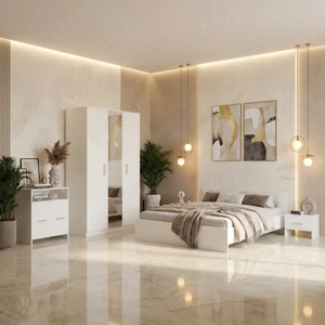 Dormitor Zoe Alb Sifonier cu Oglinda si Pat cu 2 Noptiere Si Comoda Model popular Alege acum seturi 