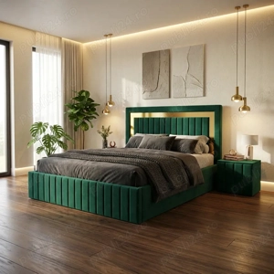 Pat Tapitat Loris Verde Catifea Premium cu Noptiere Tapitate Comandă acum Mobilă dormitor super ofer