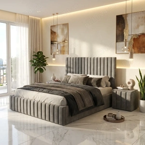 Pat Adela Gri Catifea Premium cu Noptiere Tapitate Expediere rapidă Colecție modernă