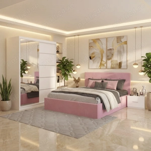 Dormitor Elys Roz cu Dressing 150 si Pat Tapitat Cu 2 Noptiere  Design modern Dormitor nou super ofe