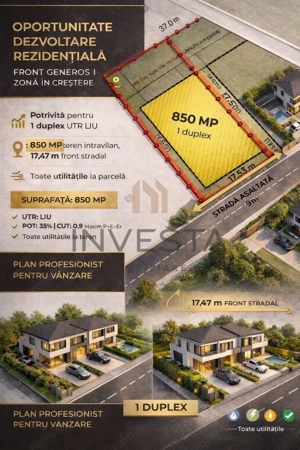 Teren 850 mp cu front de 17.47 m pretabil pentru duplex! Autorizabil!