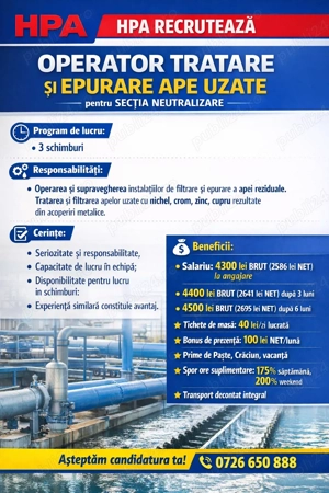 Operator productie 3 schimburi - sectia de tratare si epurare apa 