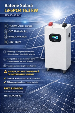 Baterie sistem fotovoltaic LiFePo4 51.2V (48) 16.3 kw Grade A Bms JK v19 200A invertor