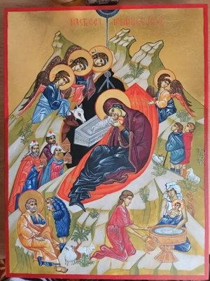 Vand icoana pictata pe lemn de tei, marimea 30 40 cm (A3), foita de aur 22k. Pret 3500 ron.