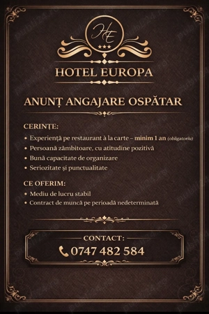 Angajam Ospatar cu experienta hotel europa