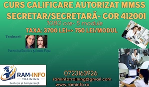 CURS calificare intensiv autorizat MMSS SECRETAR SECRETARĂ   Cod COR 412001- 1080 ore- 5 module