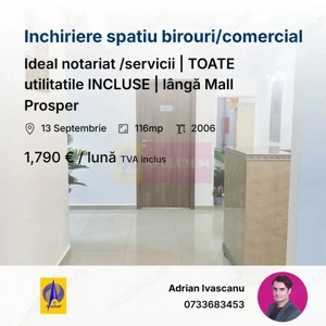 Spațiu Birou/notariat 116mp | TOATE util. INCLUSE | lângă Mall Prosper