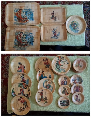 Tavi si farfuriii din lemn de bambus pictate