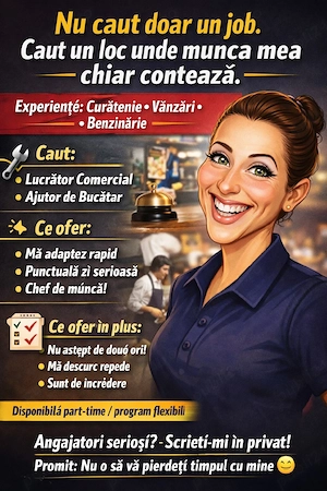Caut al doilea job,lucrator comercial,aj bucatar,receptionera