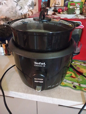 Oală Tefal cu abur pentru gătit diverse preparate. Cartofi, fripturi, orez, pește etc