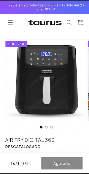 Friteuza Taurus AIR FRY DIG 360, 2150 W, 7,5 L, neagra, display integrat, control tactil