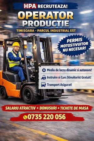  HPA recruteaza Operator productie, pentru o companie din Timisoara